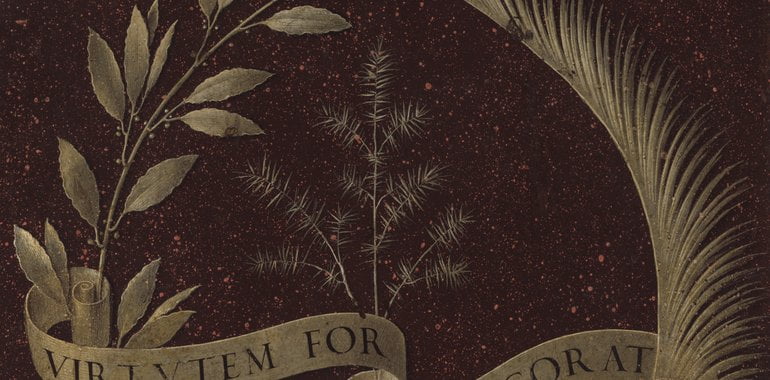 Wreath of Laurel, Palm, and Juniper with a Scroll inscribed Virtutem Forma Decorat [reverse] - Cover image